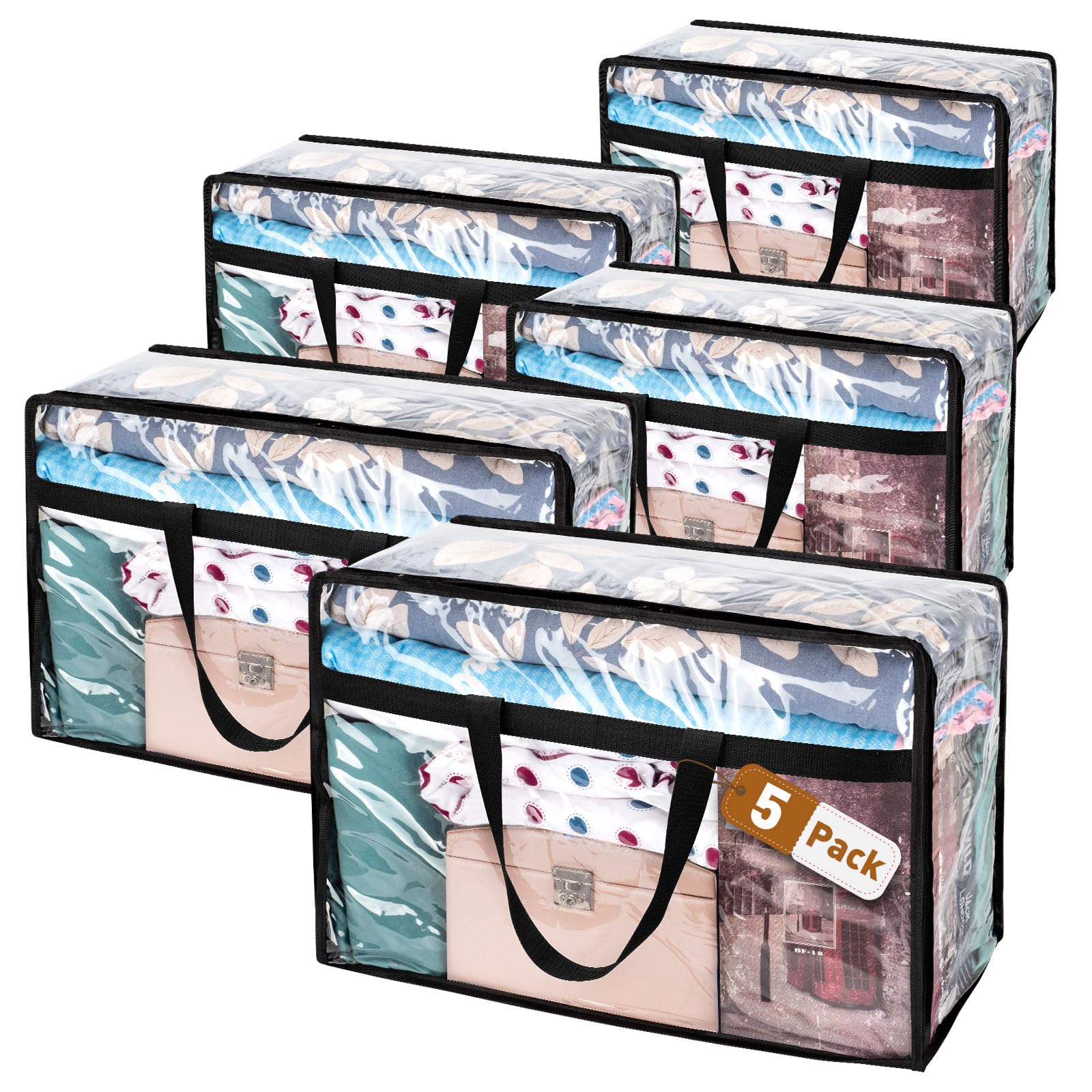 5 Pack Clear Clothes Storage Bags, Large Moving Under Bed Storage Box with Lid, Plastic Laundry Bags with Zips for Clothes, Duvets, Comforters, Blankets (clear 5)