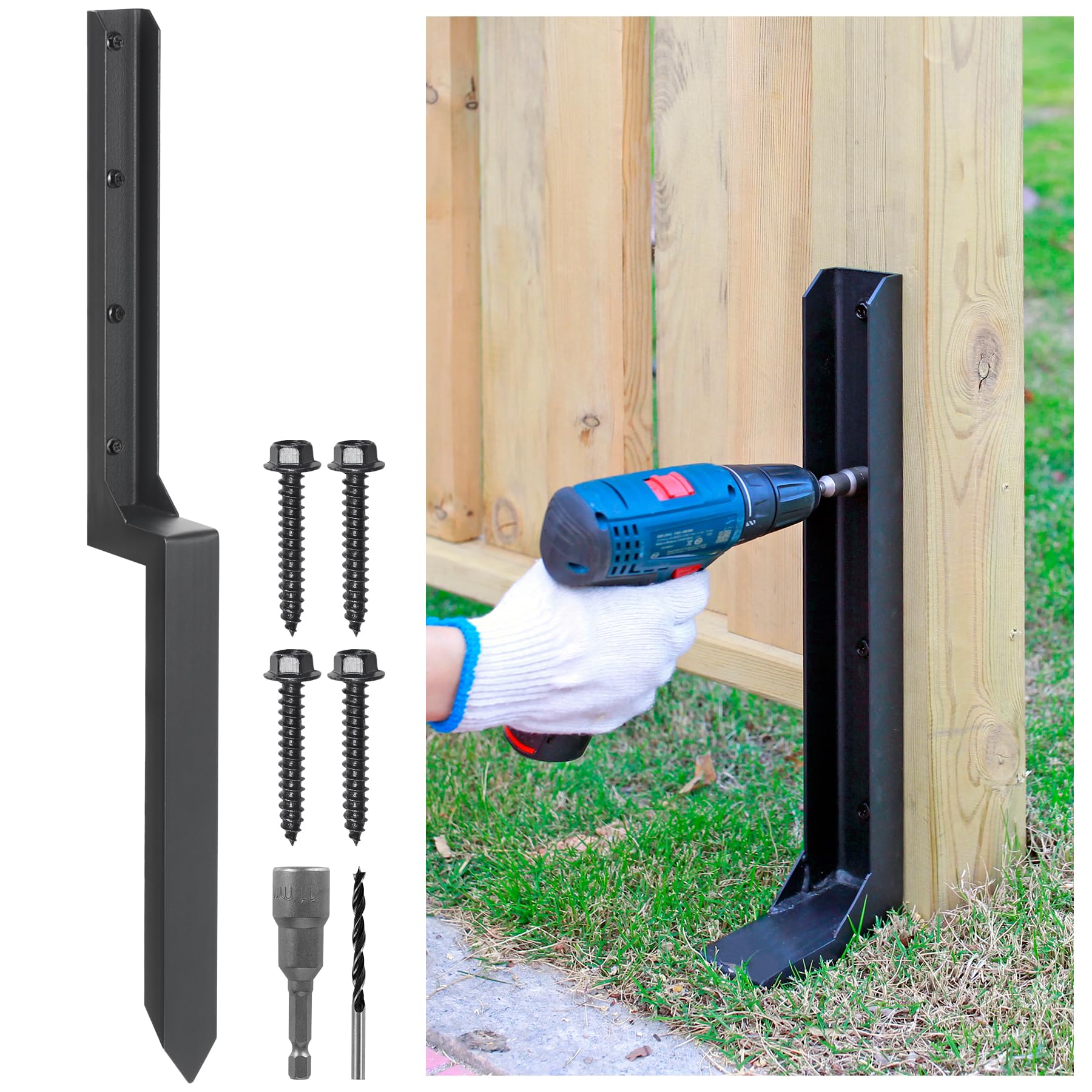 Epcee Heavy Duty Steel Fence Post Repair Stakes - Anchor Ground Spike for Repairing Tilted/Broken Wood Fence (1 Pack/Black)