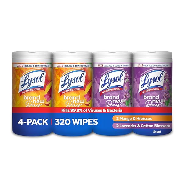 LYSOL DISINFECTING WIPES BUNDLE, HOME APARTMENT DORM ROOM ESSENTIALS AND CLEANING SUPPLIES, ALL PURPOSE CLEANER, MULTI-SURFACE CLEANING & SANITIZING WIPES, LAVENDER & MANGO SCENTS, 80 COUNT (4PK)