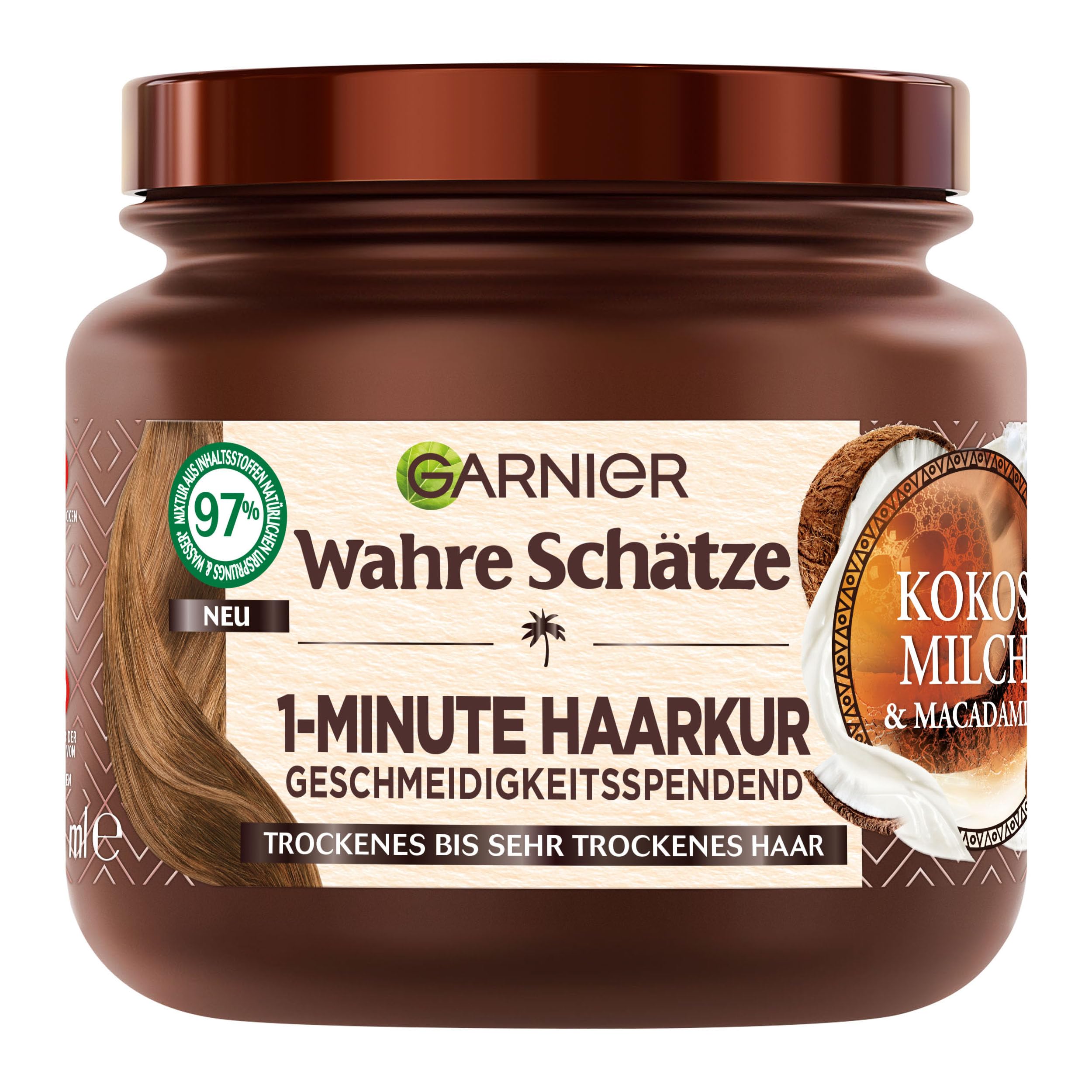 True Treasures Nourishing 1-Minute Hair Treatment for Dry to Very Dry Hair, with Coconut Milk and Macadamia Oil for New Shine and Suppleness, Vegan Formula, 1 x 340 ml