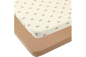 ONACOSHT Muslin Pack n Play Sheets Soft Breathable 100% Cotton Mini Crib Fitted Sheets Portable/Convertible Playard Mattress Cover 2 Pack for Baby Boy and Girl, Natural and Rainbow