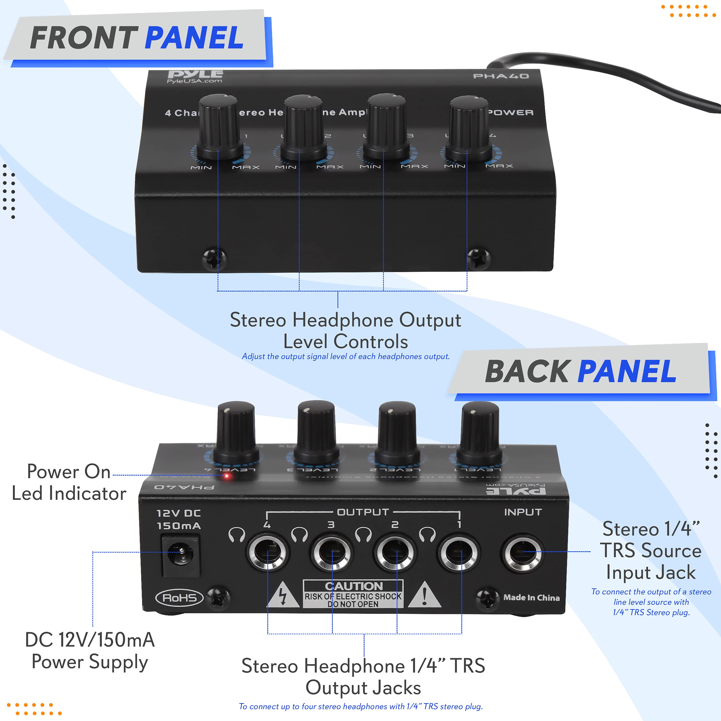 Pyle 4-Channel Portable Stereo Headphone Amplifier - Mini Earphone Splitter Amp with 4 ¼” TRS Output Jacks - Independent Volume Controls - High-Quality Audio for Studio & Stage - PHA40
