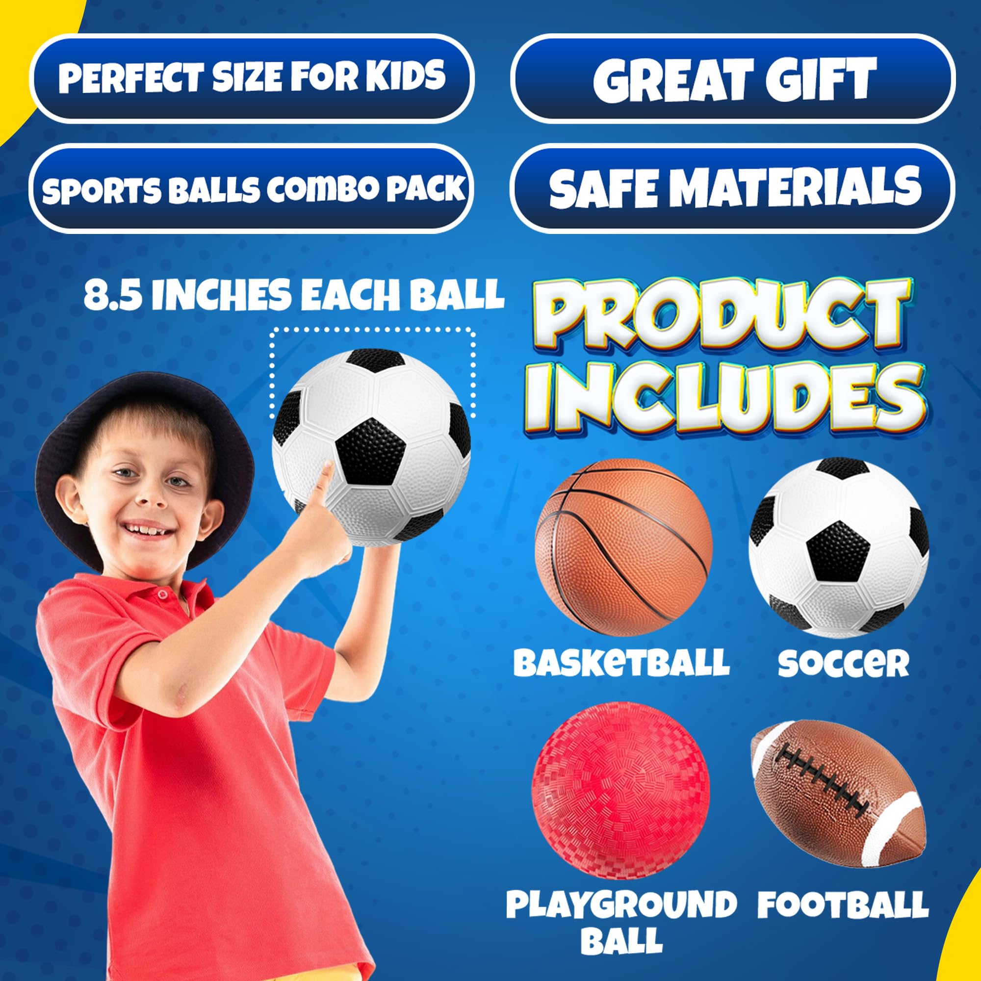 Bedwina Sports Balls for Kids & Toddlers - 5-inch Sports Balls Set Includes Football, Small Soccer Ball, Basketball, and Playground Balls, Fun Indoors & Outdoor Toys (Hand Pump Included)