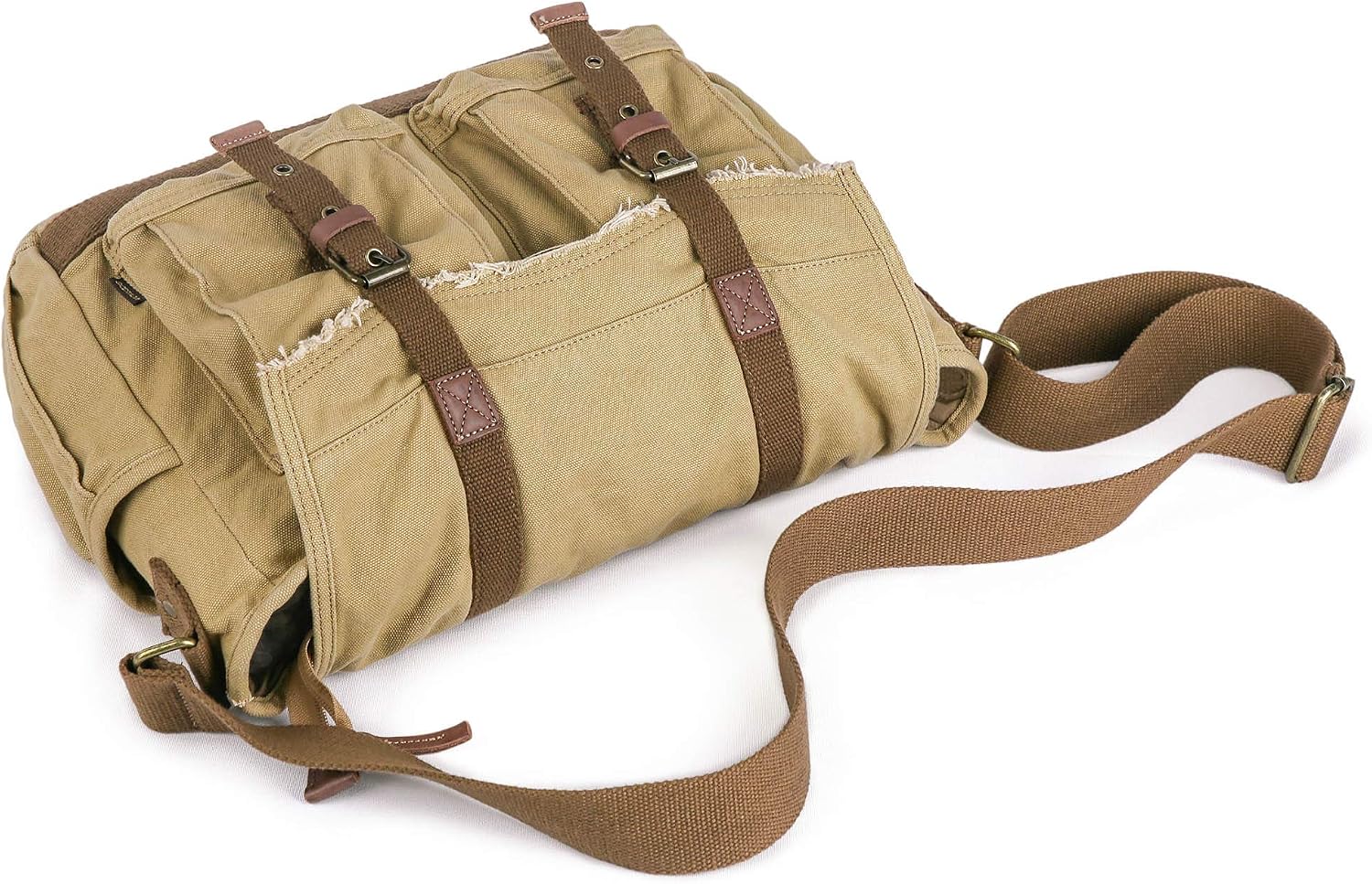 GOOTIUM Canvas Messenger Bag - Vintage Shoulder Bag Frayed Style Satchel, Khaki - Image 5