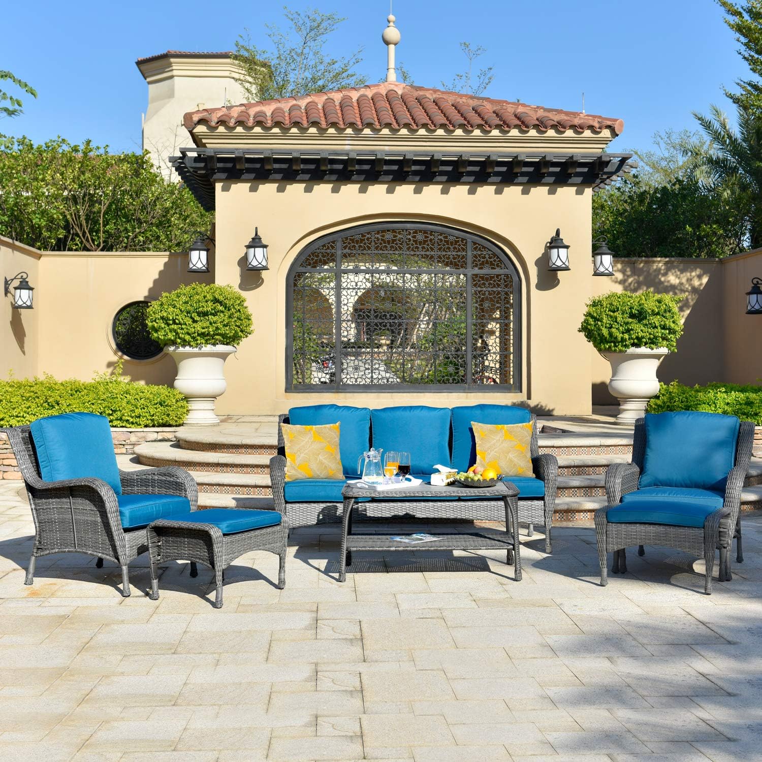 ovios Patio Furniture Sets Clearance,6 Pieces Rattan Wicker Chair Sectional Sofa Deep Seating Conversation Set with Cushions,Table,Backyard, Pool,Porch Garden, Steel Frame(Blue)