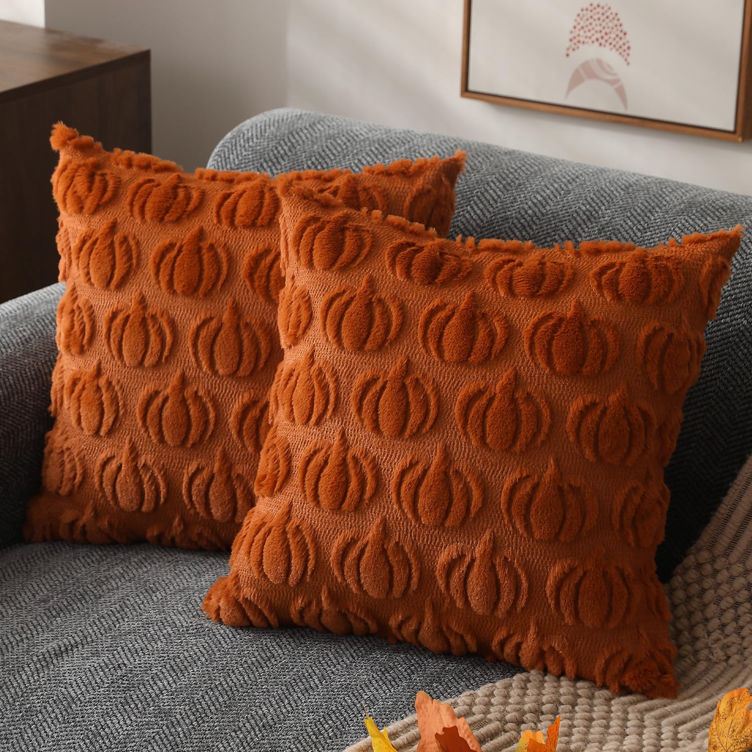Photo 1 of DFXSZ Fall Pillow Covers 20x20 Set of 2 Fall Decorations Autumn Rust Pumpkin Throw Pillow Cases Soft Plush Faux Fur Wool Couch Cushion Case for Chair Sofa Bedroom Living Room Home Decor PTK02A20