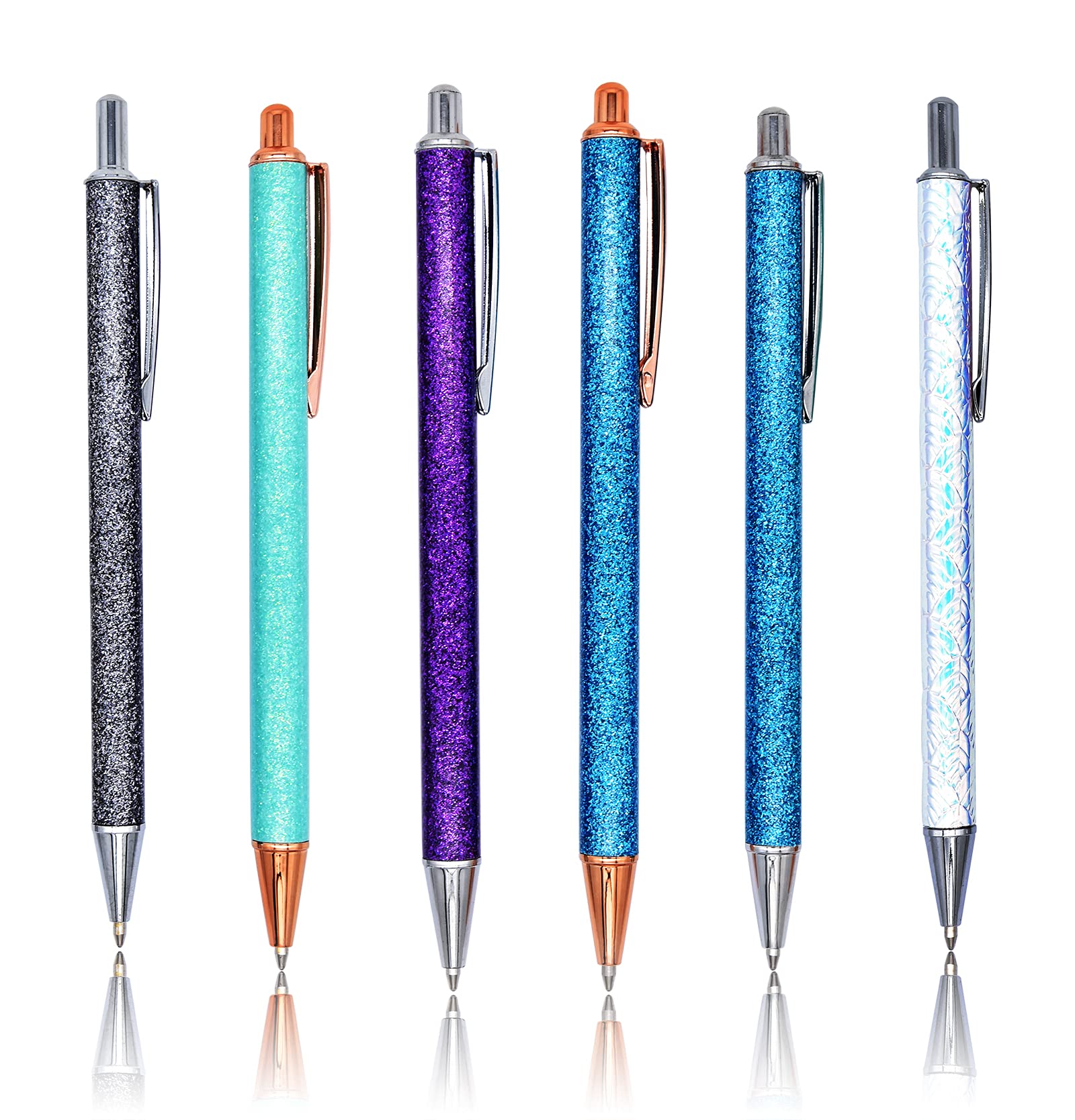 Gullor 6 Pieces Glitter Metal Black Ink Retractable Ballpoint Pen Bling Rose Gold Clip for School Business Office, Style C