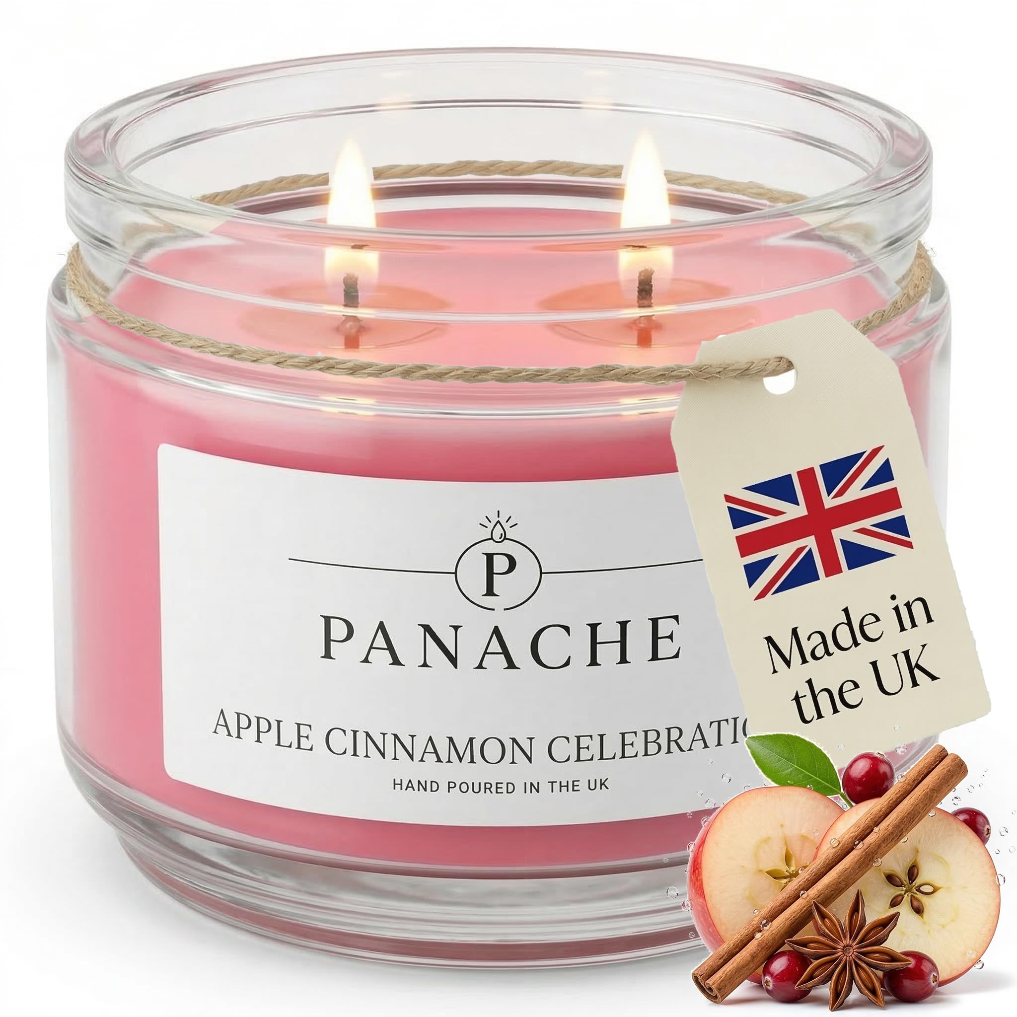 Panache Apple Cinnamon Celebration Scented Candle – Double Wick Soy Wax Candle, 48 Hour Burn Time, Hand Poured in UK, Clean Burning Cotton Wicks, Luxury Glass Jar Candle for Home & Gifts (320g)