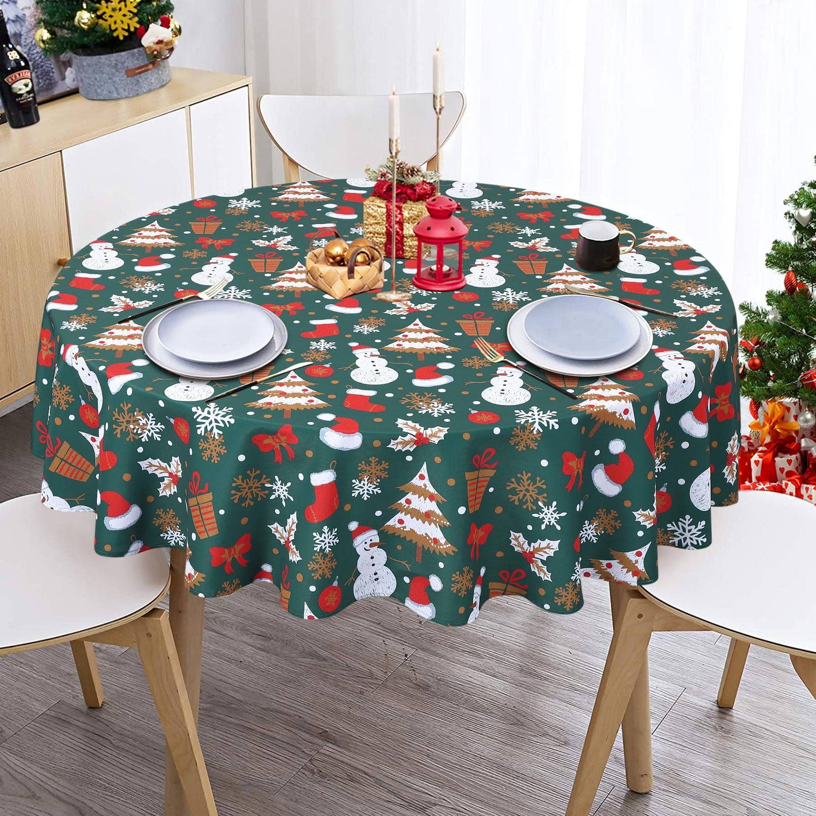 LuxFocus Round Tablecloth Christmas Decoration Waterproof Tablecover for Dining Room Snowflake Table Cloth Spillproof Wipe Clean Tablelinen, Round 70 Inch