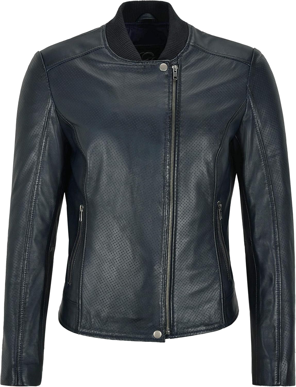 Ladies Leather Jacket Navy Perforated Classic Casual Fashion Bomber