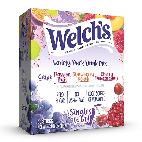 WELCH’S SINGLES TO GO VARIETY PACK, WATERTOK POWDERED DRINK MIX, INCLUDES 4 FLAVORS, GRAPE, PASSION FRUIT, STRAWBERRY PEACH, CHERRY POMEGRANATE, 1 BOX (30 SERVINGS)