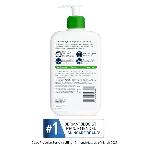 CERAVE HYDRATING FACIAL CLEANSER, MOISTURIZING FACE WASH FOR DRY SKIN, HYALURONIC ACID + CERAMIDES + GLYCERIN, HYDRATING CLEANSER FOR NORMAL TO DRY SKIN, NATIONAL ECZEMA ASSOCIATION CERTIFIED