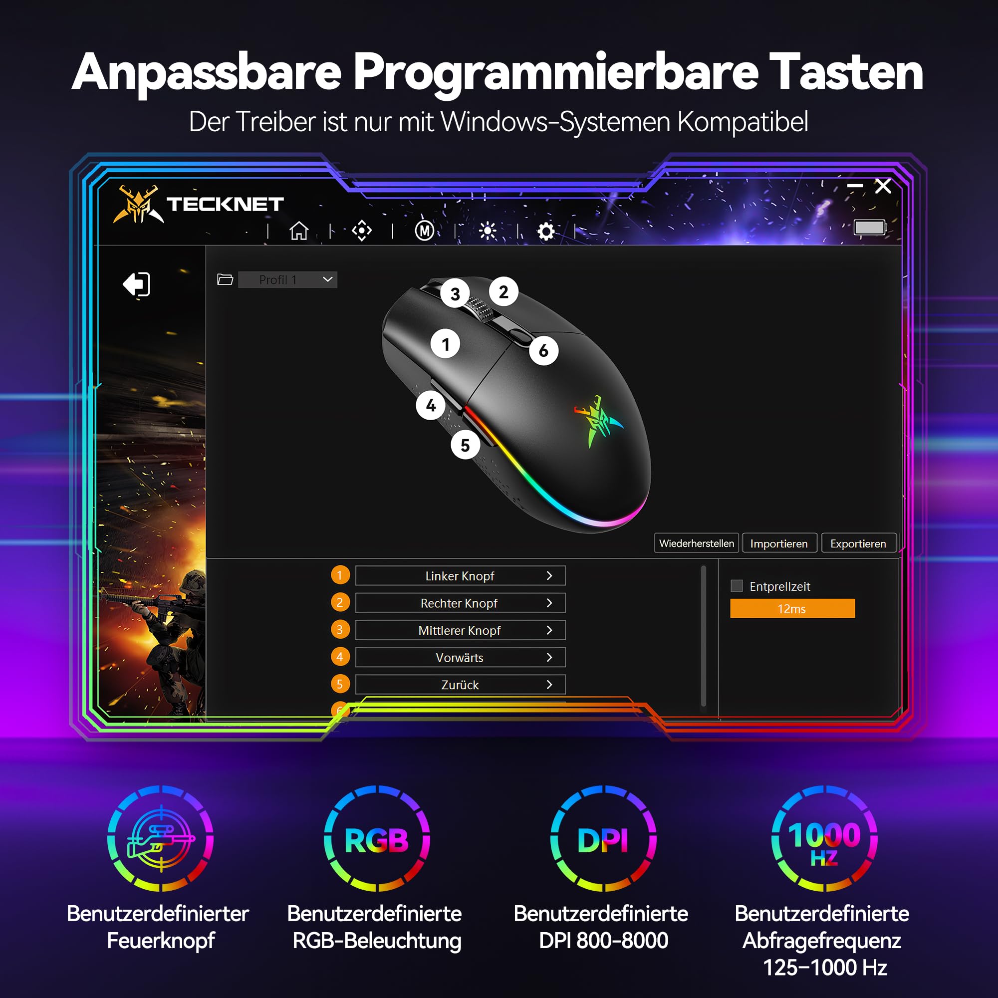 TECKNET Kabellose Gaming-Maus, RGB 2.4G/USB-C Kabelgebundene Gaming-Maus, 8000 DPI Wiederaufladbar, PC Gaming Mouse mit Programmierbaren Tasten, 72g Ultraleicht Maus für Windows XP/11/10/8/7 usw 4