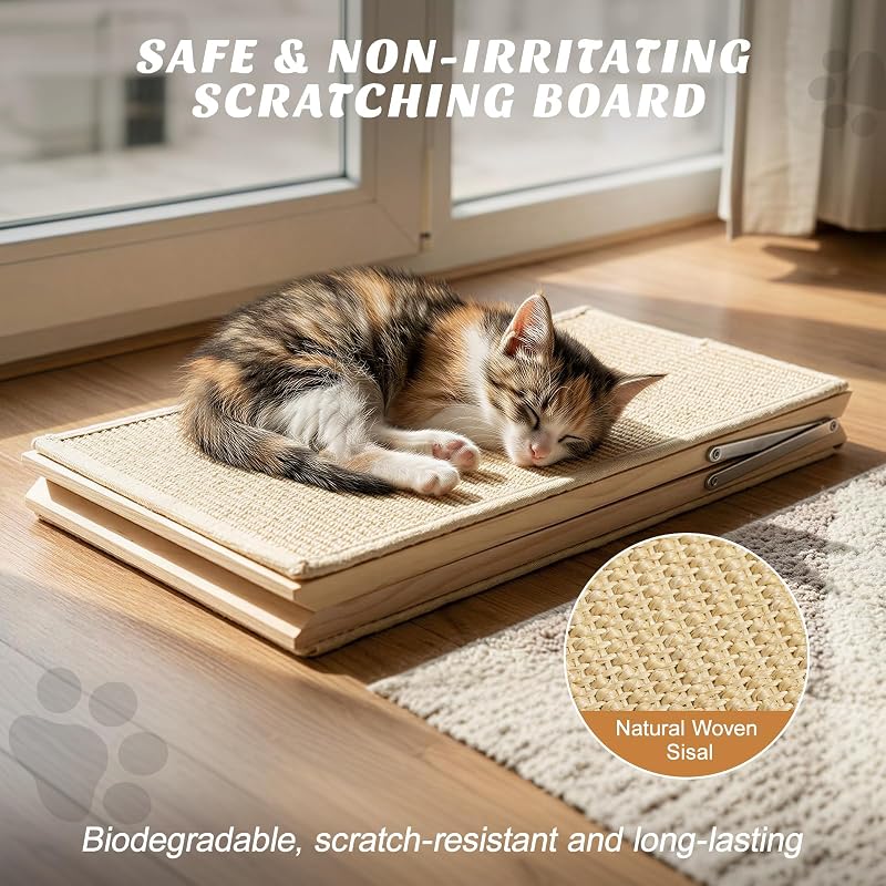 Griffoir Chat, Rampe á Griffer en Sisal pour Chat, Planche á Griffer Pliable en Bois avec 2 Jouets en Peluche À Ressort, Rampe Triangle pour Chatons Protection Meubles, Tapis Anti-Dérapant
