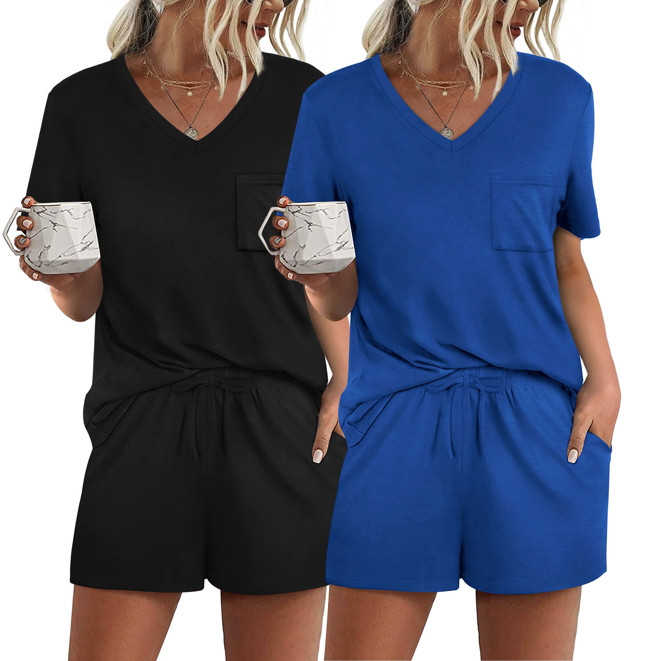 RUBZOOF 2 Pack Women‘s Short Sleeve Pajama Sets Casual V Neck Lounge Sets Comfy Soft Sleepwear 2XL Image RUBZOOF 2 Pack Women‘s Short Sleeve Pajama Sets Casual V Neck Lounge Sets Comfy Soft Sleepwear 2XL Image