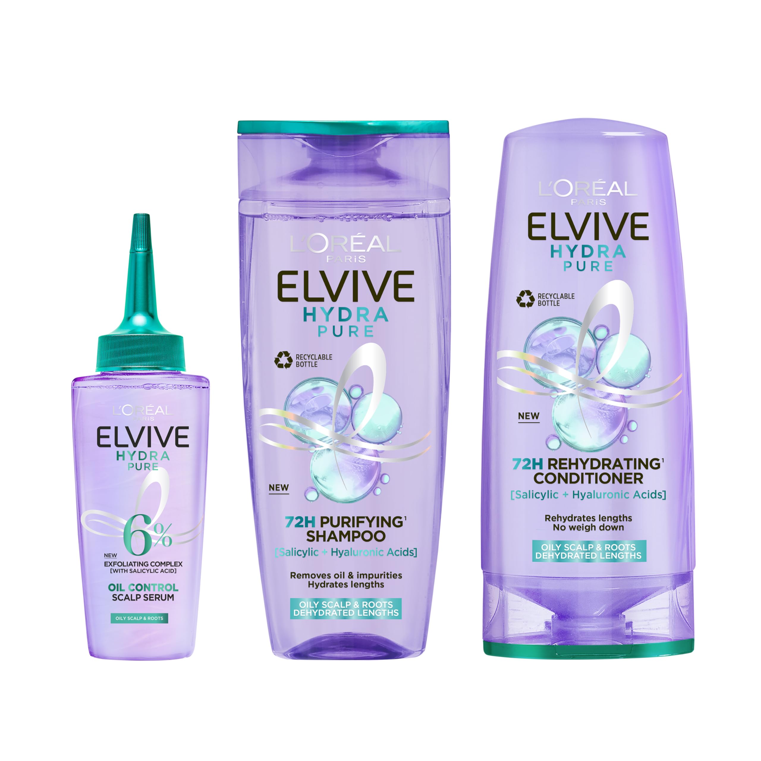 L’Oréal Paris Elvive Hydra Pure Routine for Oily Roots, Scalp & Dehydrated Lengths, Powered with Hyaluronic & Salicylic Acids, Exfoliating Pre-Shampoo Scalp Serum, Shampoo & Conditioner Set