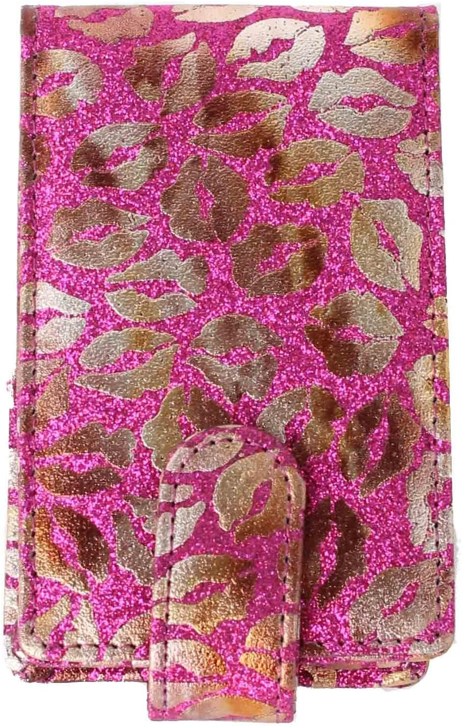 Lip Pouch for Lipstick or Lip Gloss with Mirror and Small Pocket, Holds 4 Regular Sized Tubes of Lipstick or LipSense, LipSense Carrying Case (Magenta Glitter with Gold Lips)