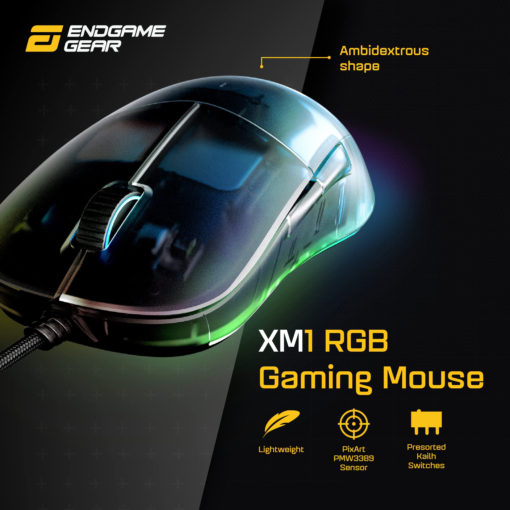 ENDGAME GEAR XM1 RGB Gaming Maus - Optischer PWM3389 Sensor - 50:16.000 DPI - 5 Tasten – GM 4.0-60M Switches - 1 ms Taster Reaktionszeit – USB Ergonomische Leichte Maus 82g - Dark Frost 2