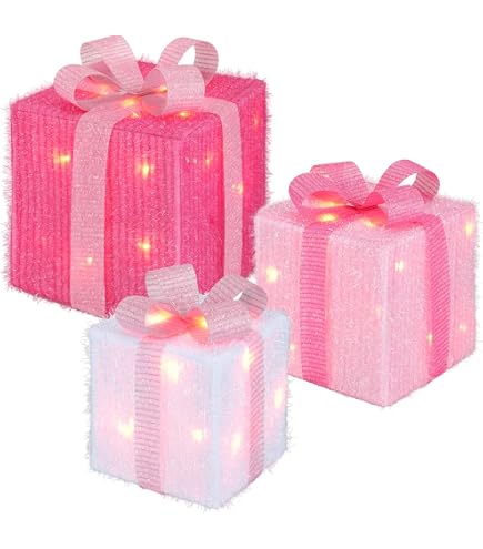 Areker Lighted Gift Boxes Set Of 3 - Pink Heart LED Holiday Decor With Timer For Valentine's & Christmas