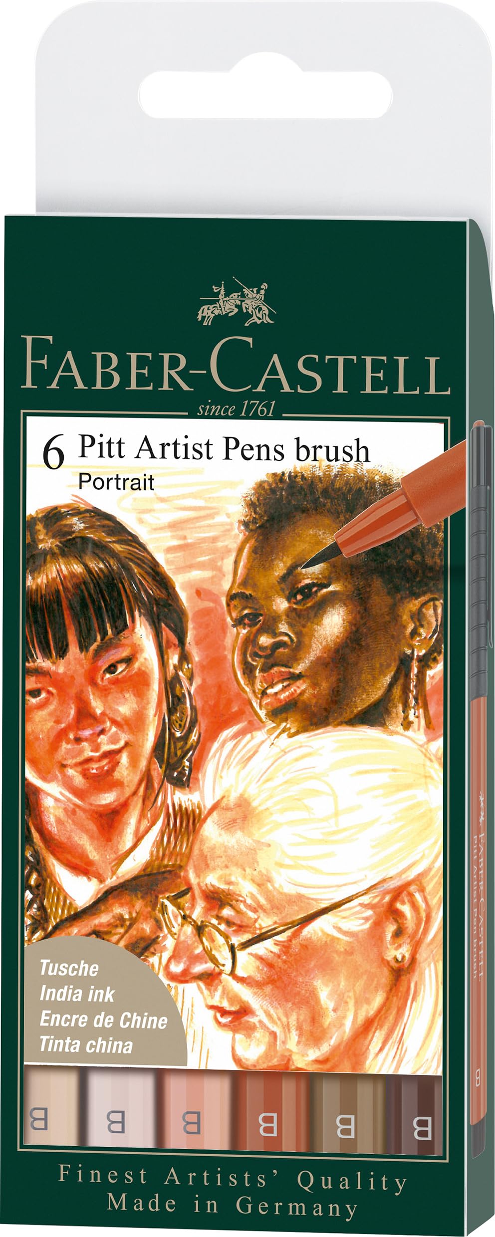Faber-Castell Art & Graphic India Ink Pitt Artist Pen Brush, Portrait, Wallet of 6, Art, Craft, Drawing, Sketching, Home, School, University, Colouring
