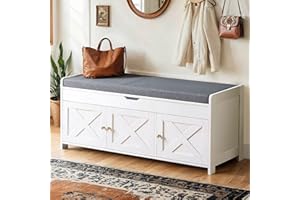 AMADA HOMEFURNISHING Amada Shoe Storage Bench, Entryway Bench with Cushioned Seat & Lift Top Storage, 3 Doors, Adjustable Shelf, 300 lbs Capacity, Bench with Shoe Rack for Entryway, Bedroom, Living Room, White