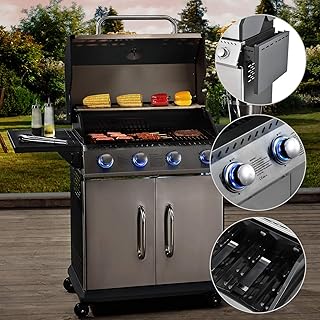 Broilcue BBQ Gasgrill Kansas 4 Edelstahl-Brenner 12 kW - Gas Grillwagen mit LED, Gusseisen-Grillrost, Deckel mit Grill-Thermometer &amp; Warmhalterost
