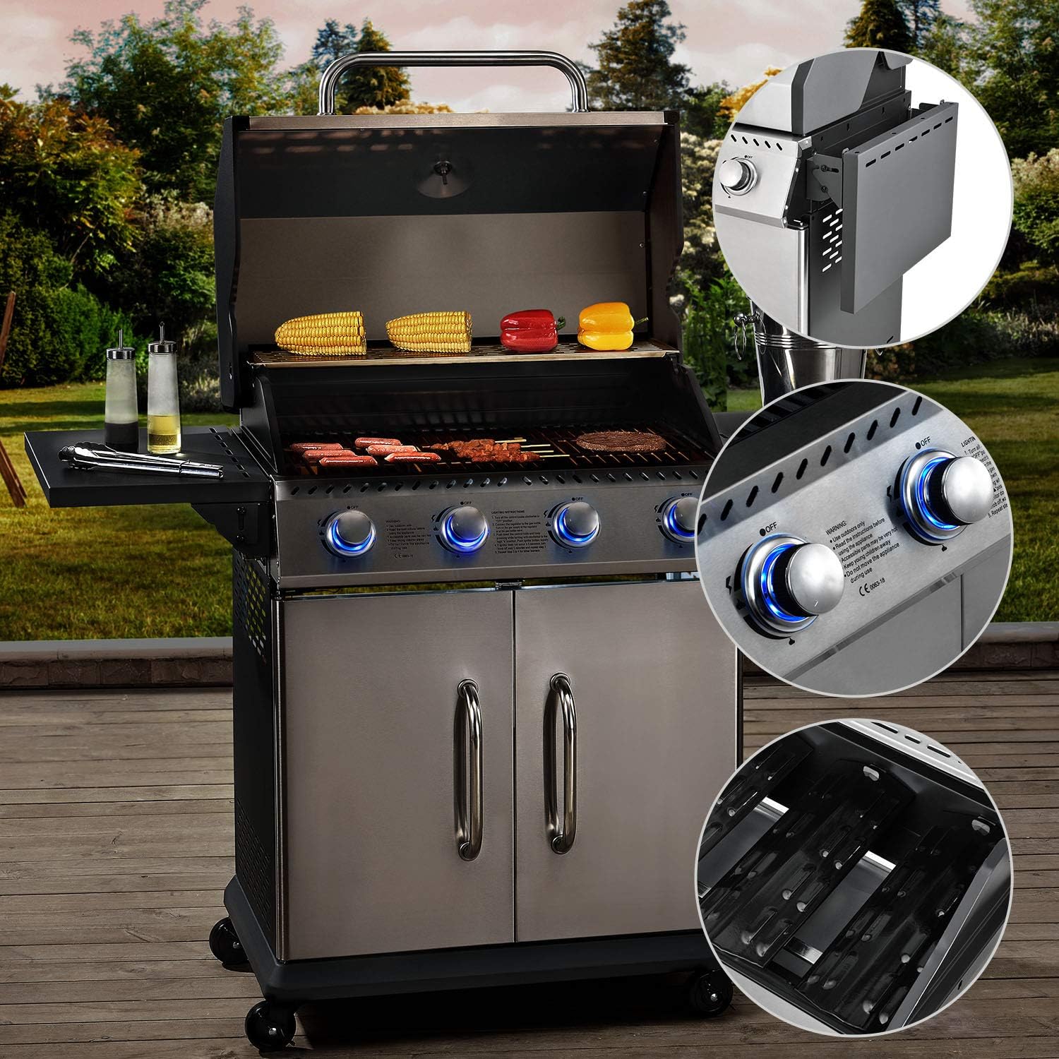 Broilcue BBQ Gasgrill Kansas 4 Edelstahl-Brenner 12 kW - Gas Grillwagen mit LED, Gusseisen-Grillrost, Deckel mit Grill-Thermometer &amp; Warmhalterost