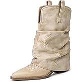 feetquake Wide Calf Cowboy Boots Women Chunky Heels Mid Calf Western Boots Vintage Retro Black Cowgirl Boots Women