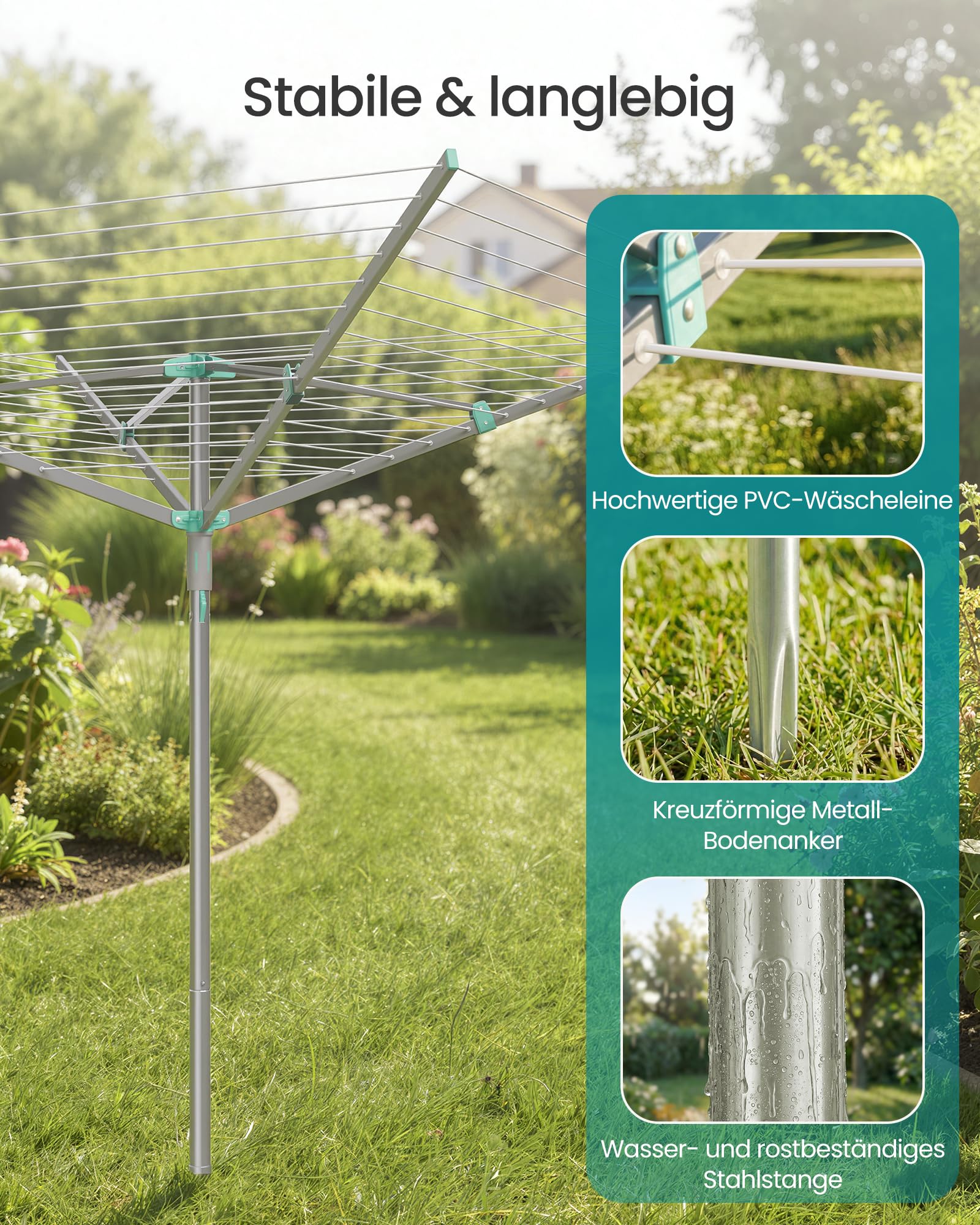SONGMICS Wäschespinne, Wäscheständer, drehbar, klappbar, draußen, Garten, mit Wäscheklammern, Schutzhülle, silbern, 60 m Wäscheleine, für 6 Waschladungen LLR308EZ01 4