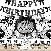 Black Bow Birthday Party Decorations Set - Cute Backdrop Banner, Hanging Banners, Balloons, Cake & Cupcake Toppers, Princess Theme Party Supplies Kit for Girls, Kids, Baby Shower