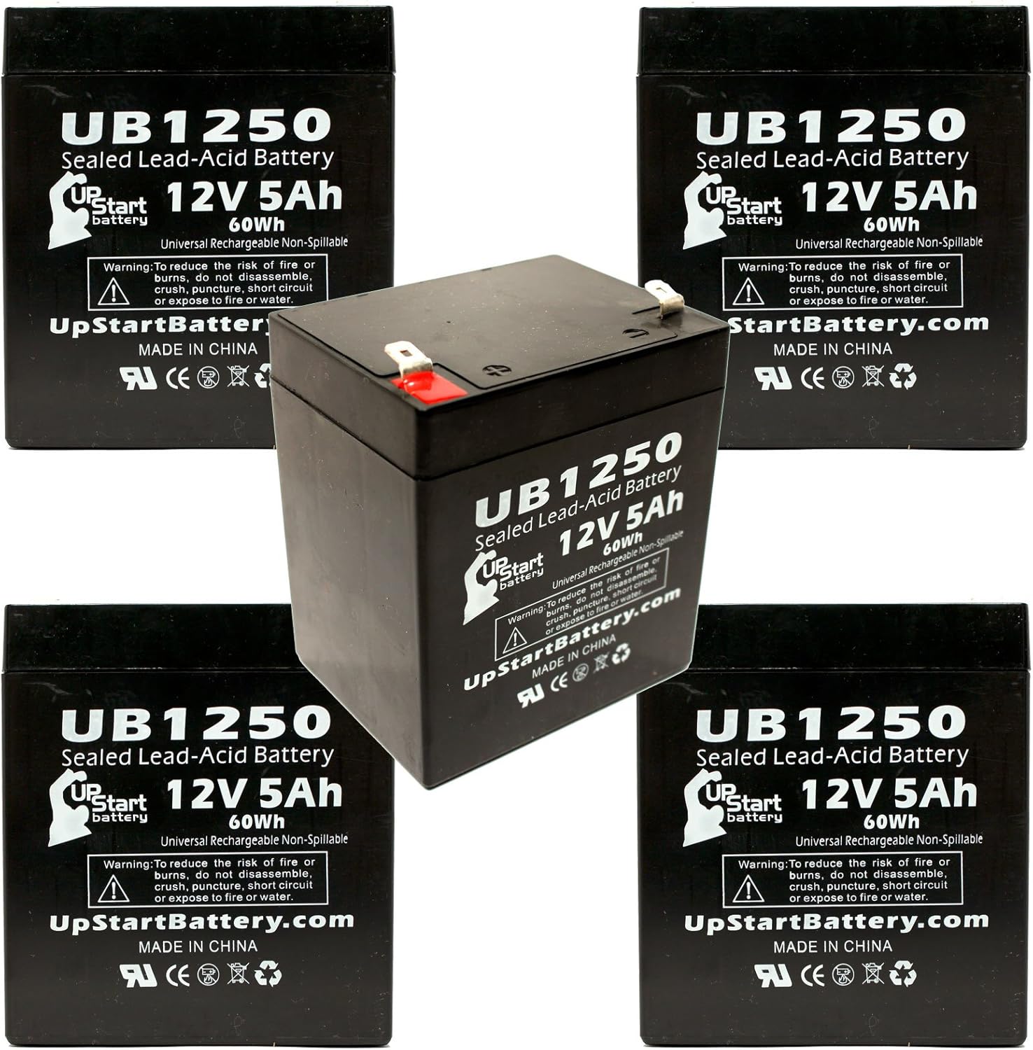 5 Pack Replacement for UB1250 Rechargeable SLA Battery Replacement with F1 Terminal (12V, 5Ah, 5000mAh, AGM, SLA) - Includes 10 F1 to F2 Terminal Adapters