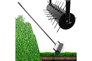 GEEPIN Lawn Aerator, Upgraded Manual Aerator Lawn Tool w/Detachable Steel Handle, Grass Aerator w/39 Tine Spikes, Lawn Aeration Machine for Garden, Yard, Cropland to Loose Soil. (Black)