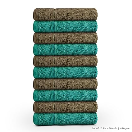 Swiss Republic Signature 10 Piece 630 GSM Cotton Face Towel - Dark Brown and Green