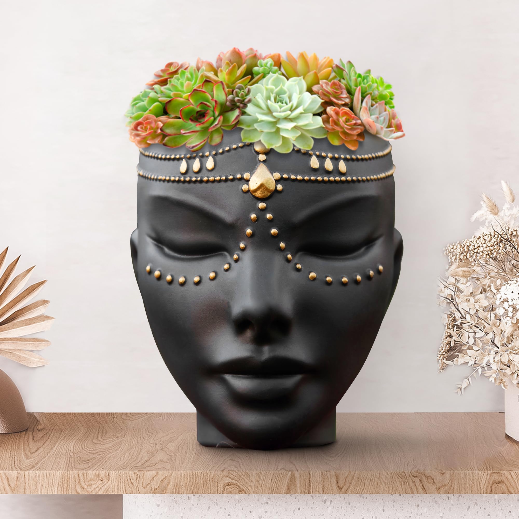 Bossa Linda Head Planter for Flat Surface & Wall Pot Heads for Plants with Wall Hook and Drainage | Unique Tabletop Face Planter Pots for Indoor and Outdoor Use - Serena Design, Black