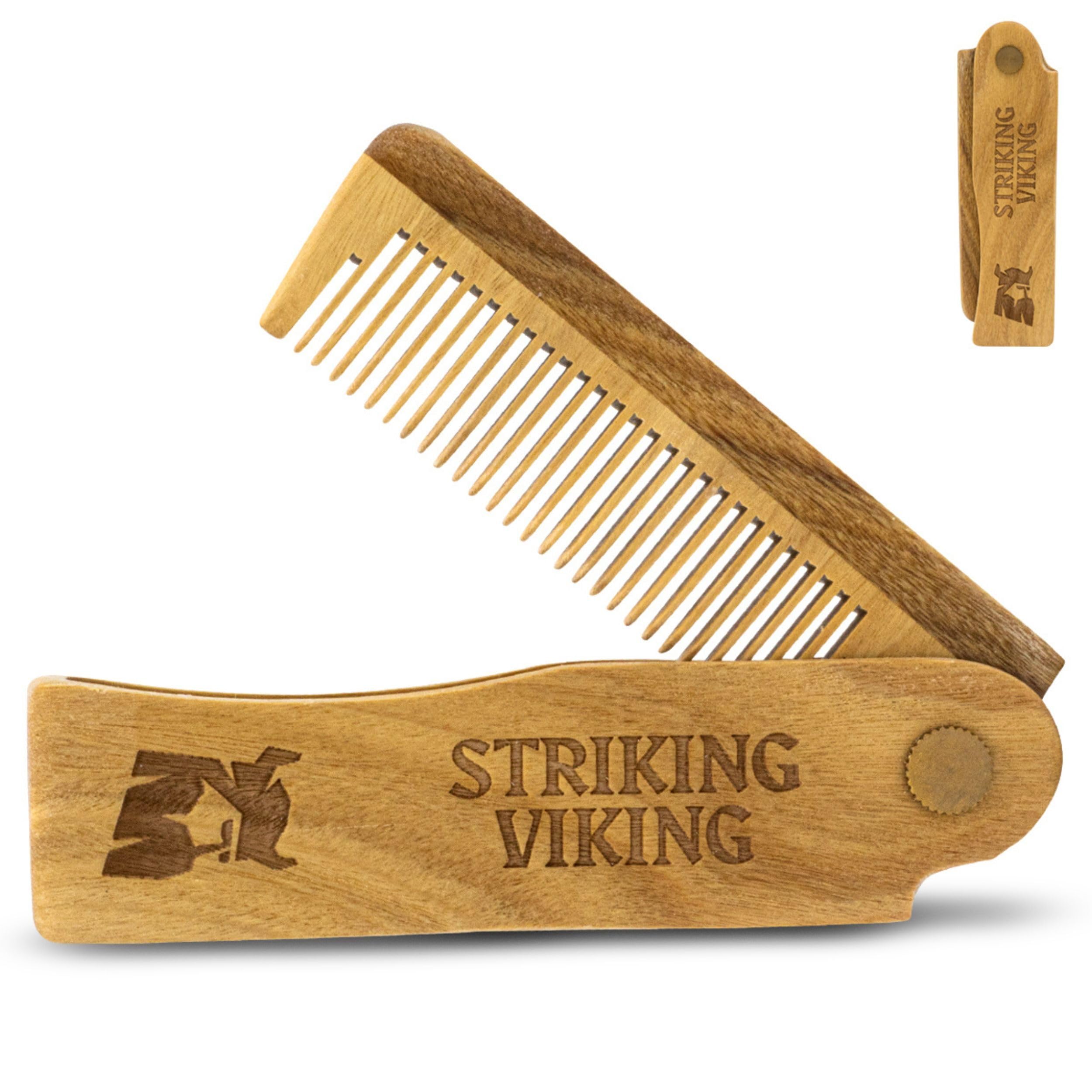 Striking Viking Folding Wooden Beard, Hair & Moustache Comb – Pocket-Sized Sandalwood Grooming Tool for Everyday Use with Balms & Oils