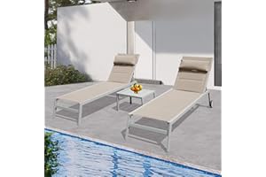 DOMI OUTDOOR LIVING Domi Outdoor Patio Chaise Lounge Set of 3, Aluminum Pool Lounge Chairs with Side Table and Wheels, Textilene Padded Adjustable Recliner All Weather for Poolside, Beach, Yard, Balcony (Khaki)
