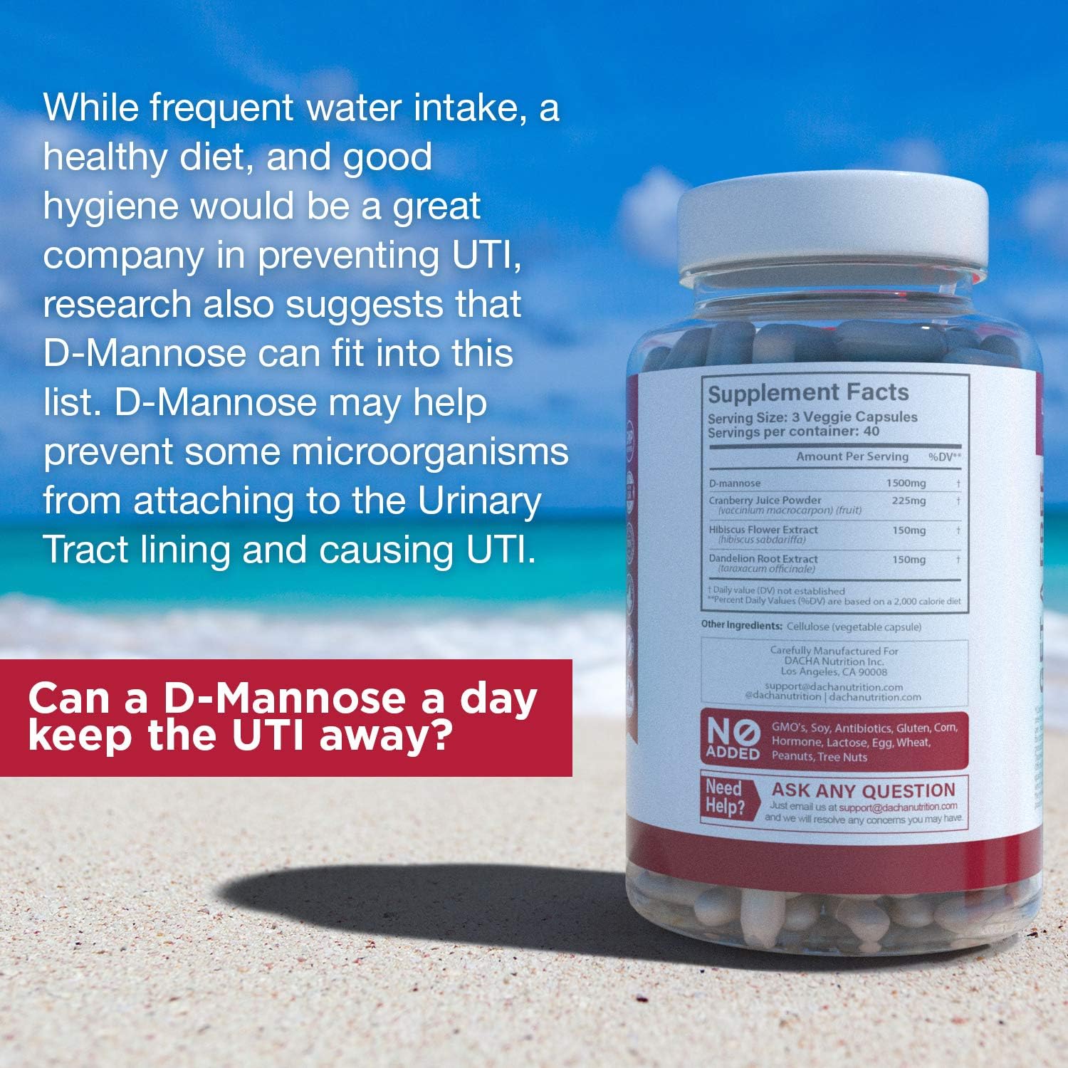 Natural D-Mannose Capsules 4-in-1 Formula - 120 CAPS, 1500 MG Cranberry, Dandelion, Hibiscus Flower Extract, Fast-Acting Pills for Bladder Health, Urinary Tract Infection UTI Support Flush Impurities: Health & Personal Care