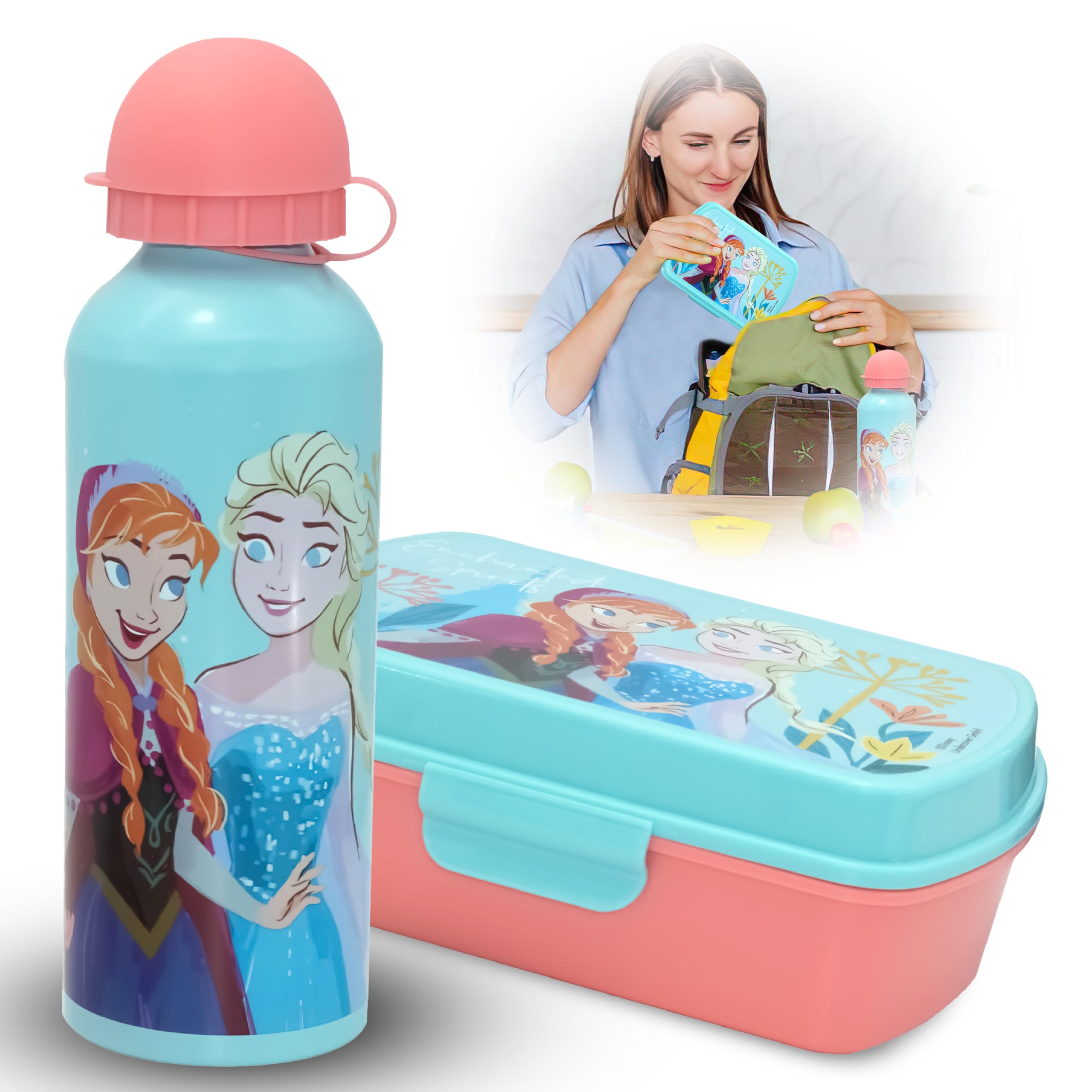 2Pcs Frozen Children's Lunchbox with Drinks Summer Water Bottle | 500ml Aluminium Bottle | BPA-Free Lunch Set Gift, Insulated Bottle Sandwich Box School Travel for Kids 3+ Years