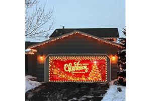 Trgowaul Christmas Garage Door Cover Banner Decoration with Light Large Red Xmas Garage Door Mural Christmas Tree Photography Background Party Supply Happy New Year Garage Door Christmas Decor7x16ft