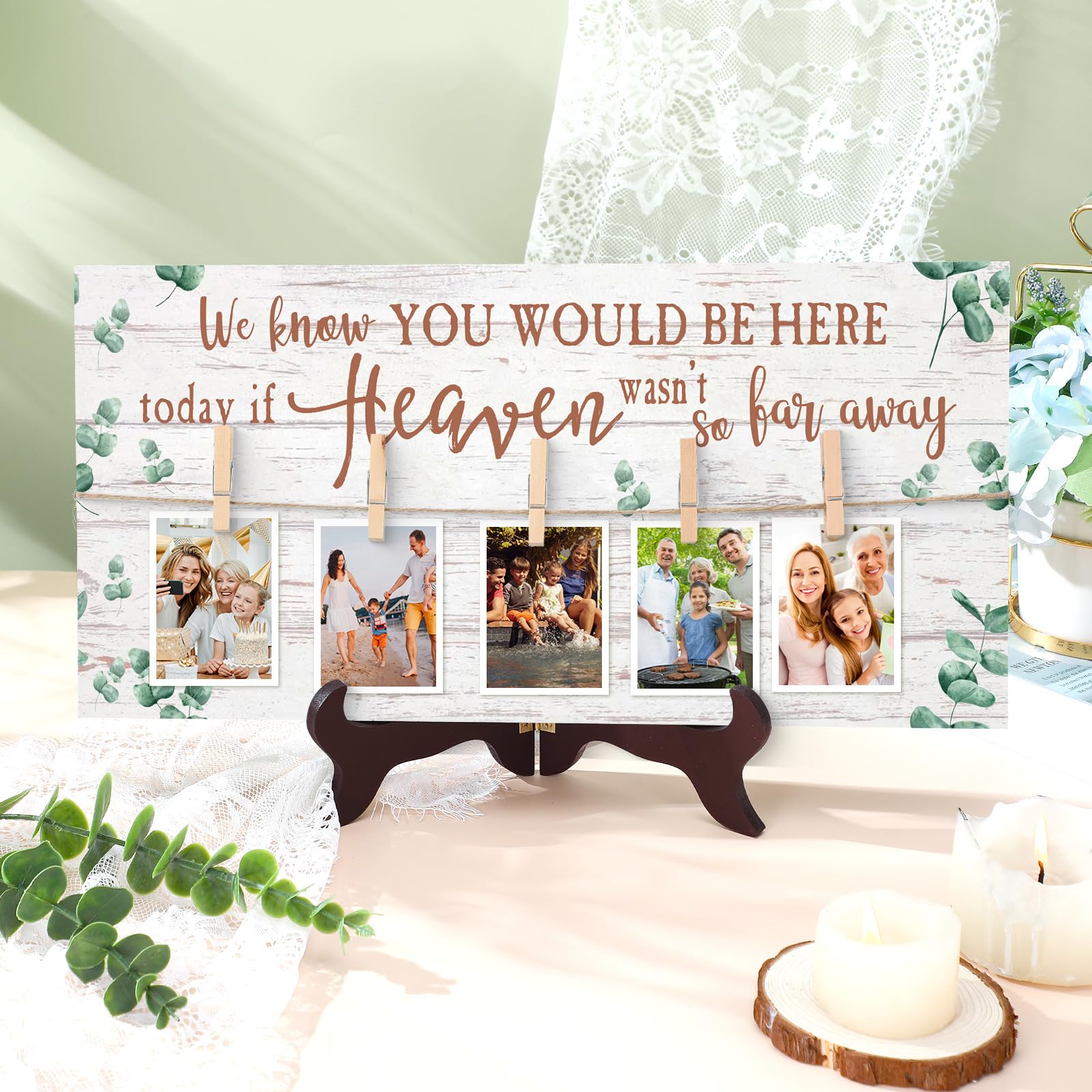 Photo 1 of RattanView Wood Memory Table Sign 16 x 8 Inch in Loving Memory Wedding Sign with 5 Clips Wedding Decor for Ceremony and Reception Wooden Memorial Picture Board to Honor Souls(Eucalyptus 4)