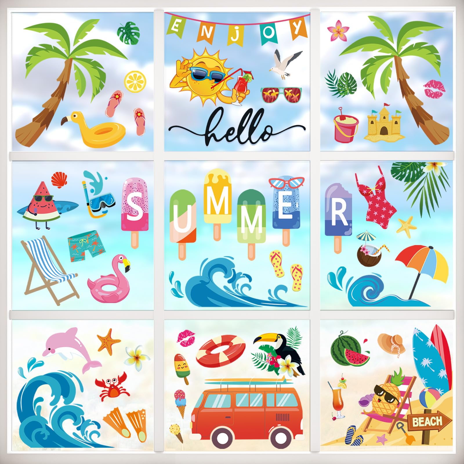 wondever Summer Sun Beach Window Clings Hello Summer Pool Beach Hawaiian Tropical Glass Sticker Decal Anti Collision Double-Side Static Window Stickers for Home Glass Window