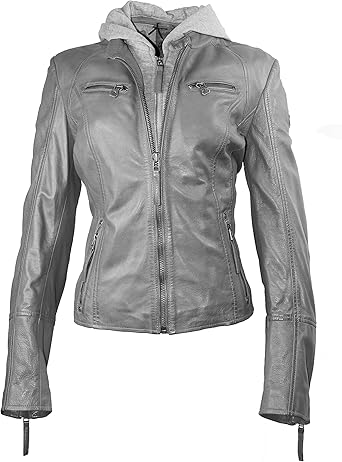 grey hoodie with leather jacket