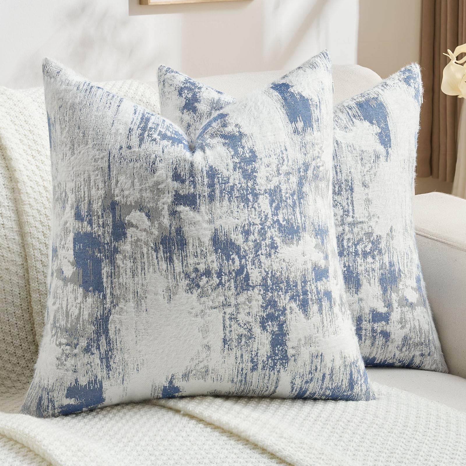 FUTEI Blue White Decorative Throw Pillow Covers 24x24 Inch Set of 2,Soft Faux Cashmere Jacquard - Textured & Cozy Euro Pillow Shams,Modern Home Decor for Couch Living Room