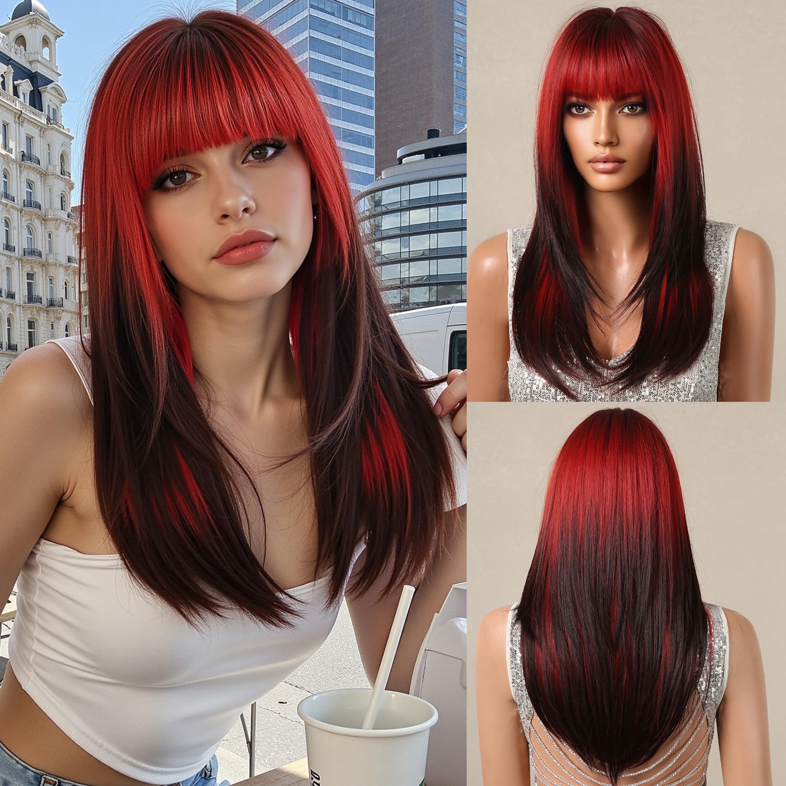 Testar Ombre Red Black Wig for Black Women - Long Straight With Bangs, Natural Looking Synthetic, Heat Resistant, Layered for Cosplay and Daily Use