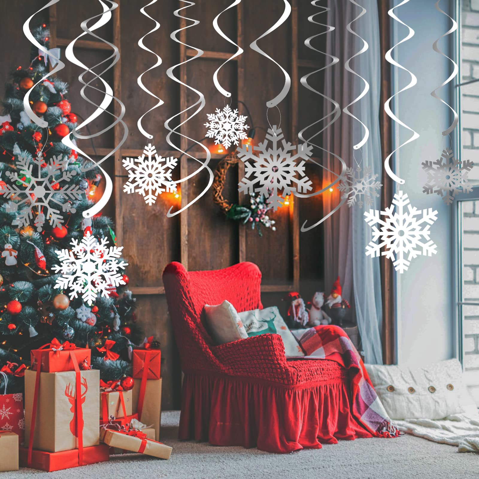 30 Pieces Christmas Ceiling Decorations, Christmas Hanging Swirls Decorations Indoor with Snowflake Swirl, Snowflake Silver & White Hanging Snowflakes for Xmas New Year Holiday Party Decorations