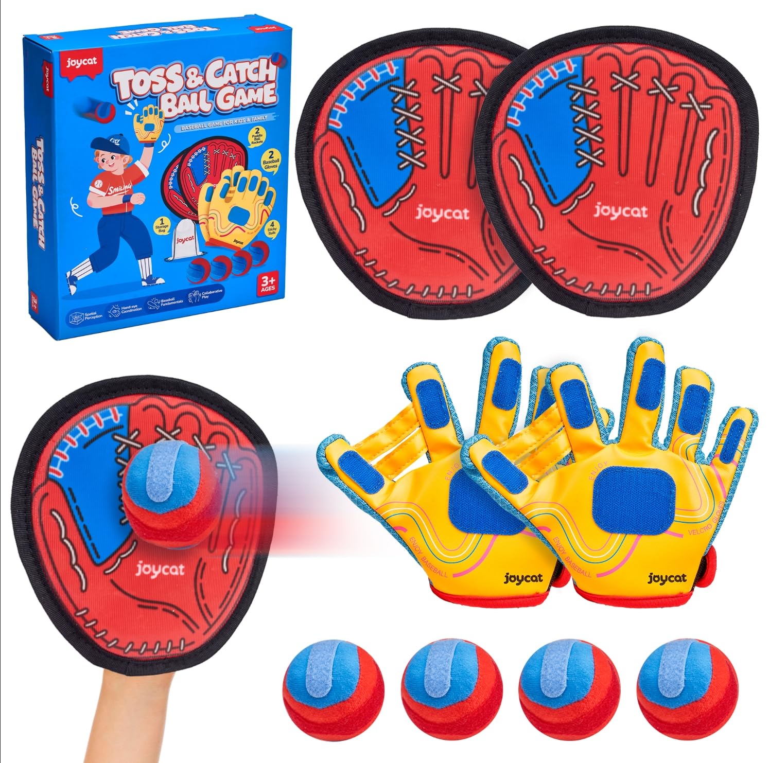 JoyCat Toss and Catch Ball Game with 2 Gloves for Kids & 2 Paddles for Adult or Kids, Outdoor Toys for Family Camping, Beach & Yard Games, Toddler Baseball Glove, Gifts for 3-12 Year Old