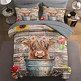 WeCozy 7 Pcs Queen Size Comforter Set with 2 Pillowcases & 2 Shams, Highland Cow Flower Bedding for Kids and Adults, Happy Cute Cartoon Bed in a Bag with Flat Fitted Sheet