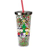Spoontiques - Glitter Filled Acrylic Tumbler - Glitter Cup with Straw - 20 oz - Stainless Steel Locking Lid with Straw - Double Wall Insulated - BPA Free Peanuts Christmas Drinking Cup