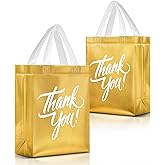 Nush Nush Gold Thank You Gift Bags Medium Size with White Print – Set of 12 Reusable Thank You Bags with Handles - Perfect As Goodie, Birthday, Thanksgiving, Return, Party Favor Bags – 8Wx4Dx10H