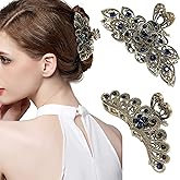 2 Pcs Retro Chic Rhinestone Alloy Fancy Hair Claw Jaw Clips Large Claw Hair Clips for Women and Girls Vintage Flowers Hair Catch Updo Grip Hair Accessories for Thick Hair (Silver+Rhinestone)
